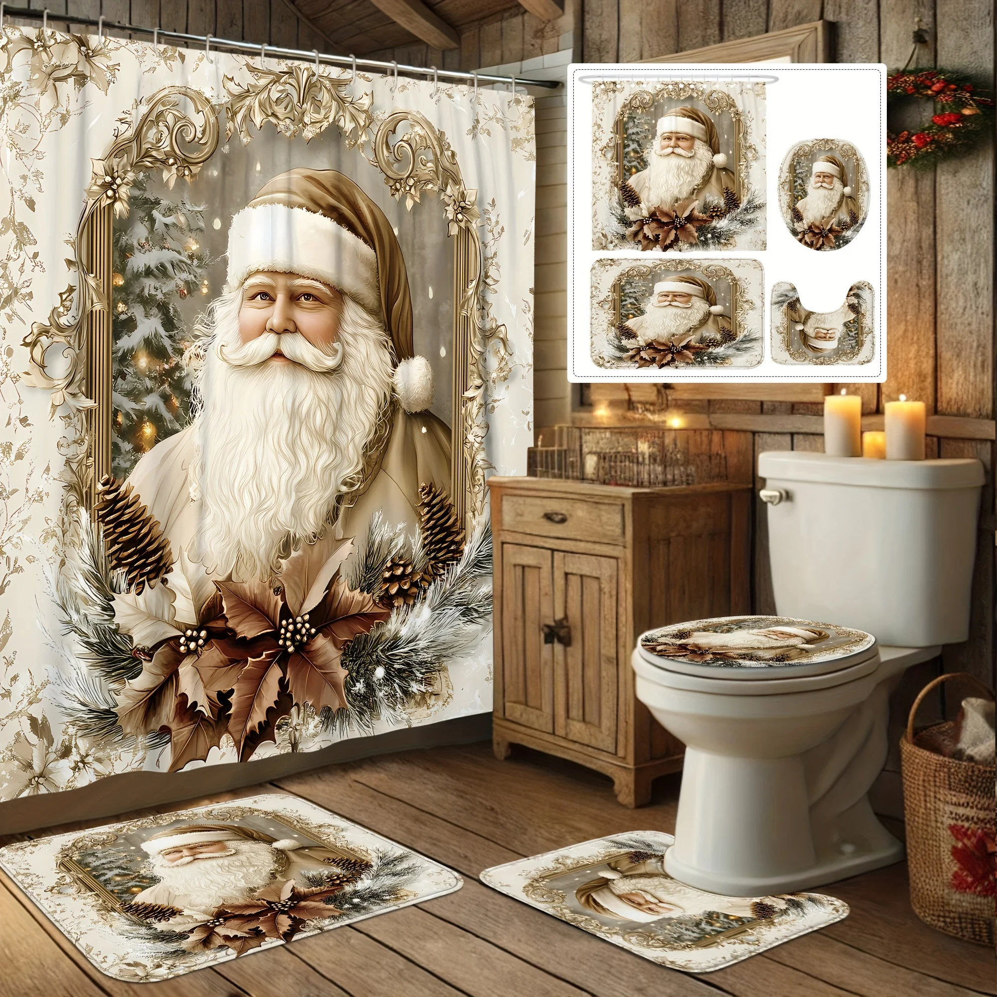 4Pcs Xmas Shower Set – Santa Pinecone, Vintage Gold Beige, Curtain, 12 Hooks, Non-Slip Mat, U-Cover, Holiday Gift Decor