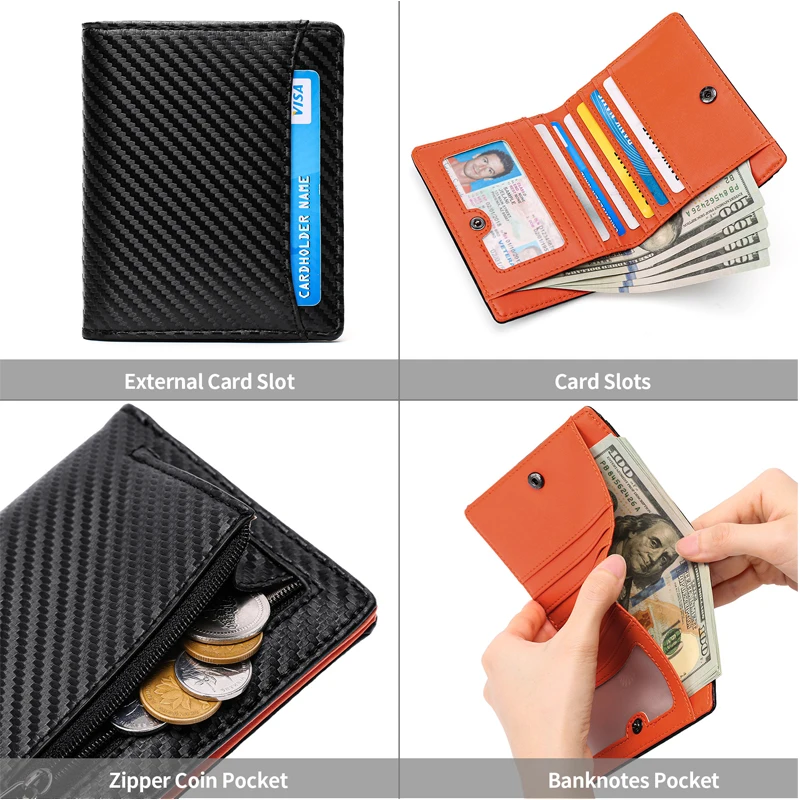 Geestock Carbon Fiber Men's Short Wallet Rfid Simple Folding PU Leather Coin Purse Anti-Theft Brush Wallet Card Holder Clip  ﻿