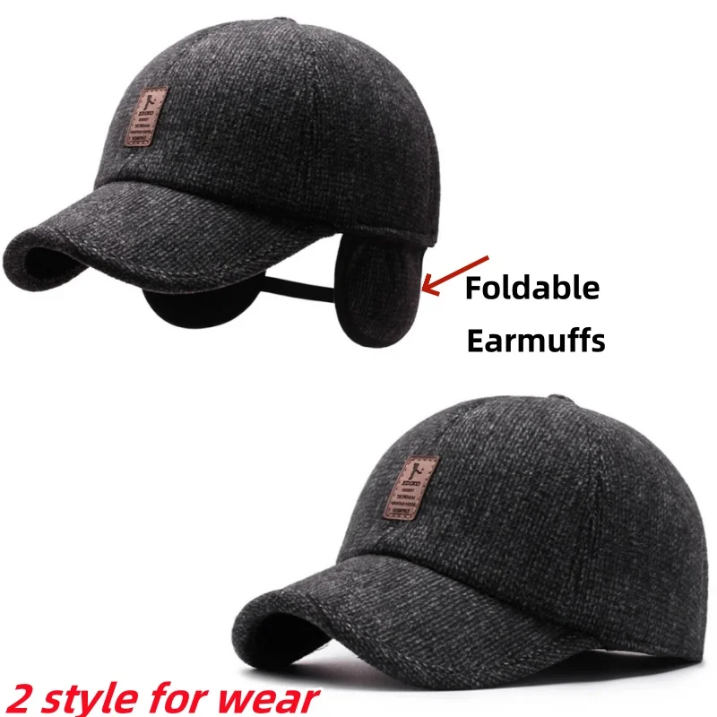 Men Autumn Winter Warm Cotton Woolen Golf Baseball Cap Outdoor Earflap Trucker Hat Middle-aged Dad Hat Ear Cover Design Warm Hat