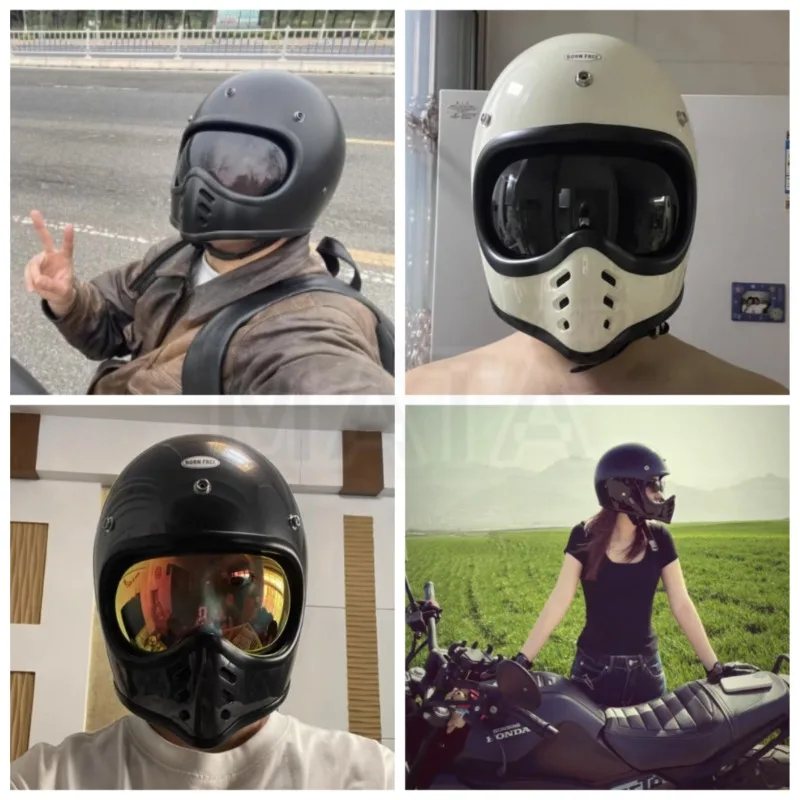 Pointed Nose Small Helmet Chrome Silver Rim Retro Motorcycle Fiberglass Helmet Four Season Full Face Helmet for Men and Women