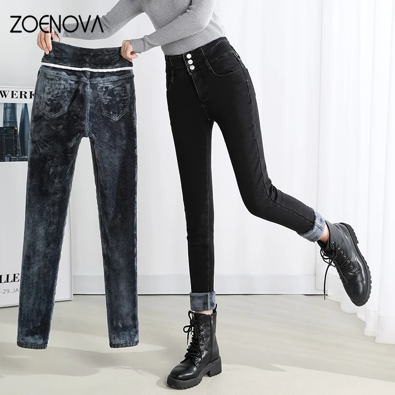 Zoenova magro estiramento quente velo jeans de cintura alta mulher lápis calças streetwear denim vetement femme roupas de inverno