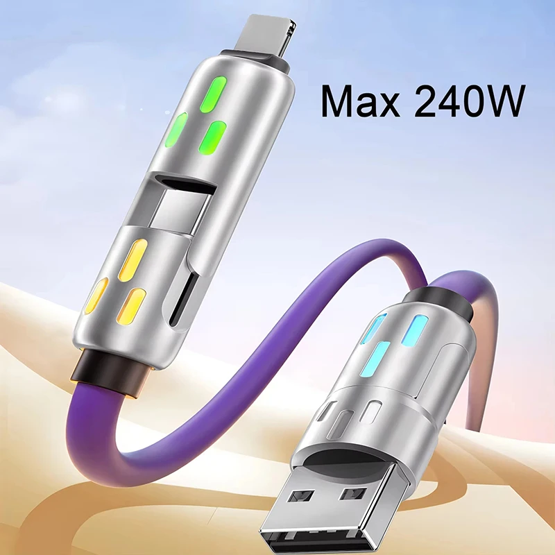 New 4 in 1 Multi Connectors Charger Rotating Elbow USB to Type-C Mobile Phone 240W Fast Charging Silicone Cable Data Transfer