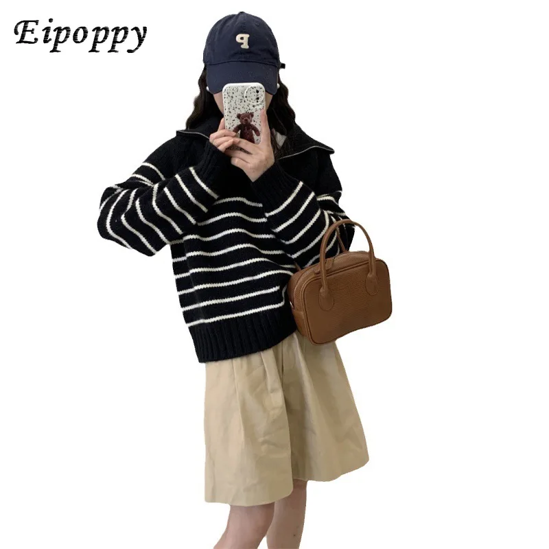 เสื้อสเวตเตอร์แบบสวมหัวมีซิปครึ่งตัวสำหรับผู้หญิงเสื้อสเวตเตอร์หนาสไตล์เกาหลีทรงหลวมและขี้เกียจใหม่