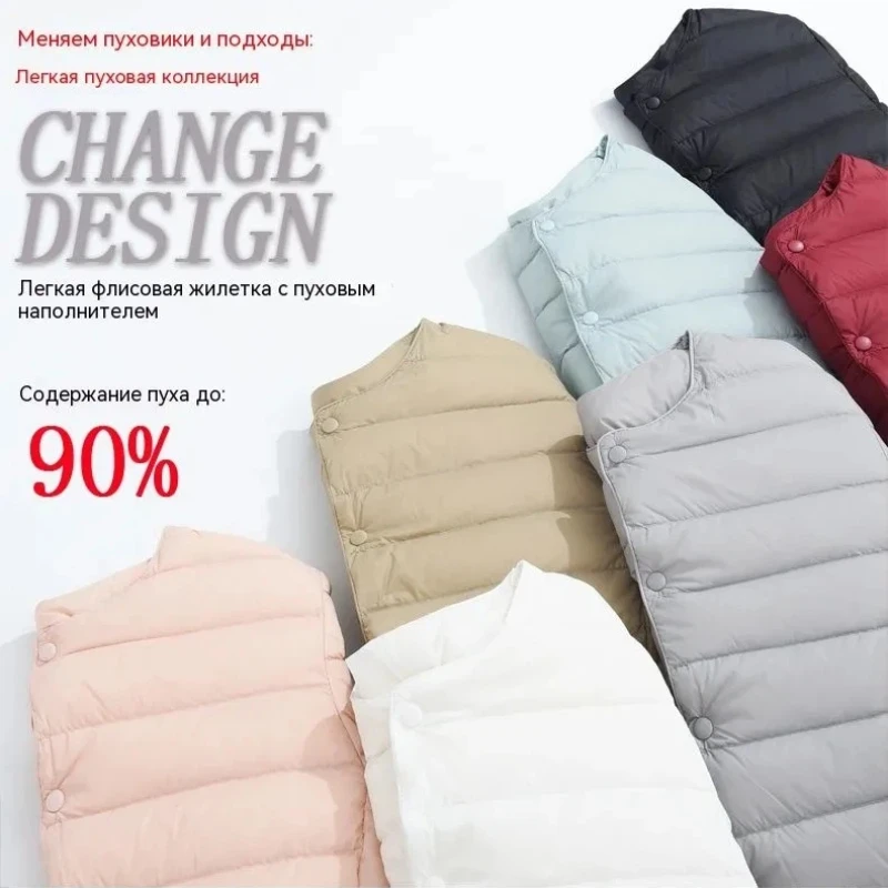 50% + سترة بيضاء خفيفة الوزن للغاية قابلة للتعبئة ببطانة دافئة 2025 سترة نسائية خفيفة الوزن بدون أكمام منتفخة #4