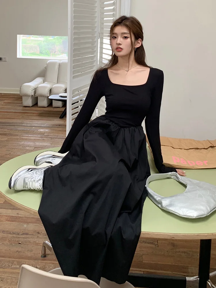 Solid Pleated Dress Women Autumn Elegant Long Sleeve Vintage Ladies Party Daily Square Neck Dresses Female Clothing Chic Simple