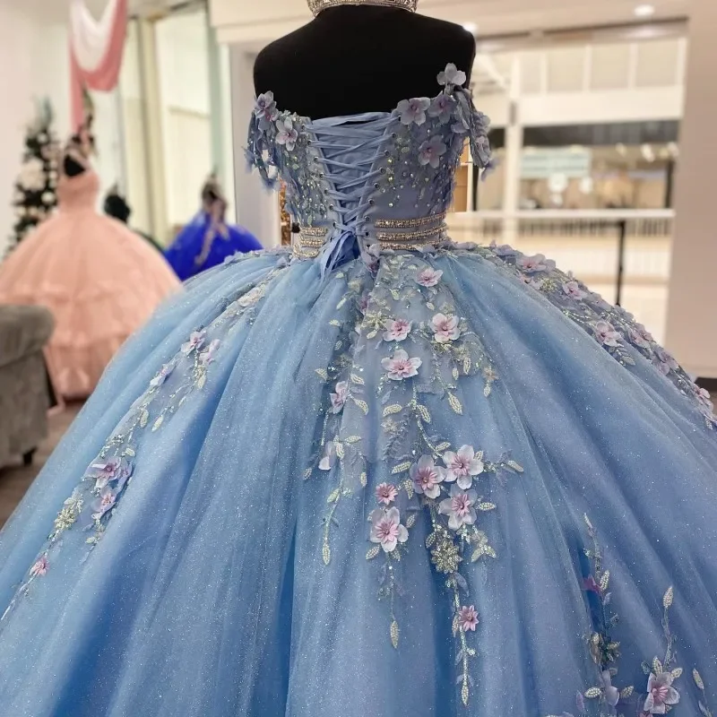 Vestidos de quinceañera azul bebé personalizados con hombros descubiertos flores 3D dulce 14 16 años princesa vestido de fiesta de graduación vestidos de 15 anos