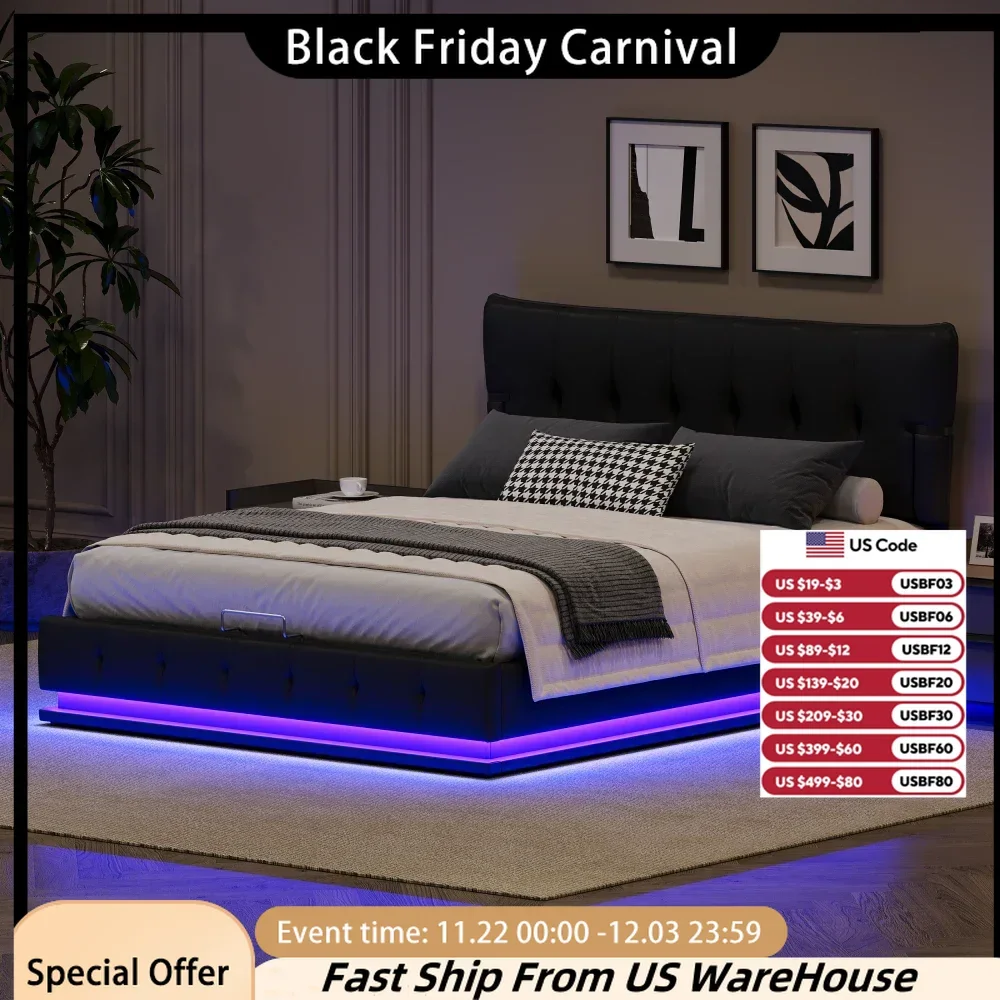 Bed Platform, Upholstered Platform Hydraulic Storage Bed, Lift Up Storage Bed with LED, Bluetooth Speaker, No Box Spring Needed