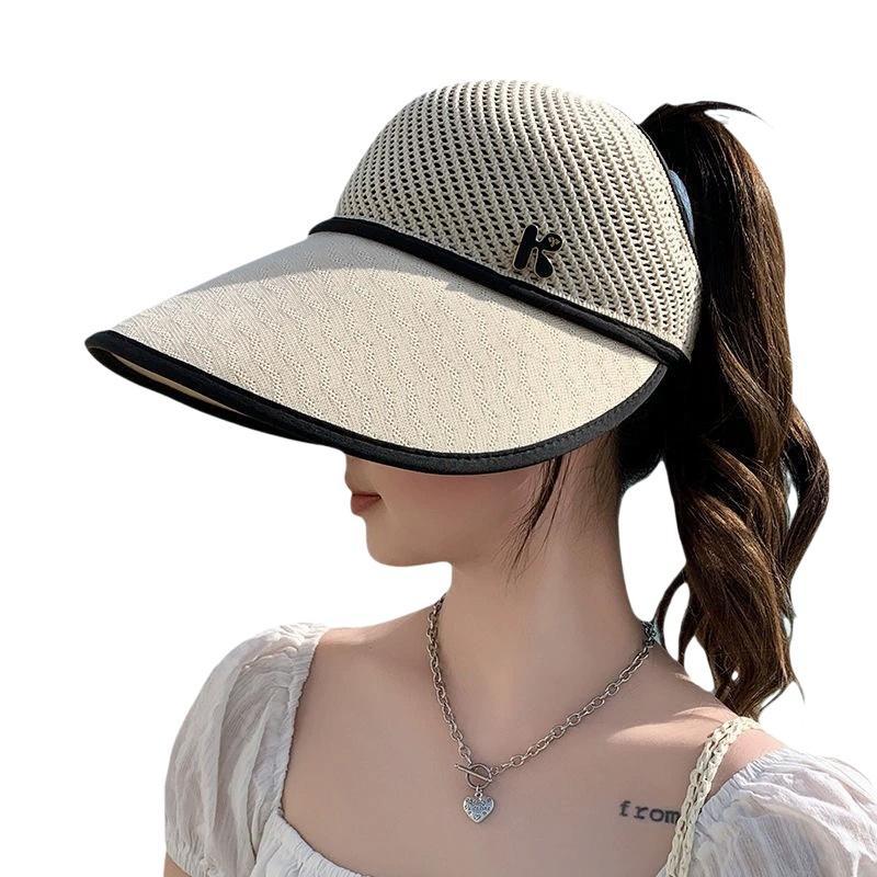  Women’s Summer Straw Empty‑Top Sun Hat Wide Large‑Brim Visor Travel Beach Cap with UV Protection 