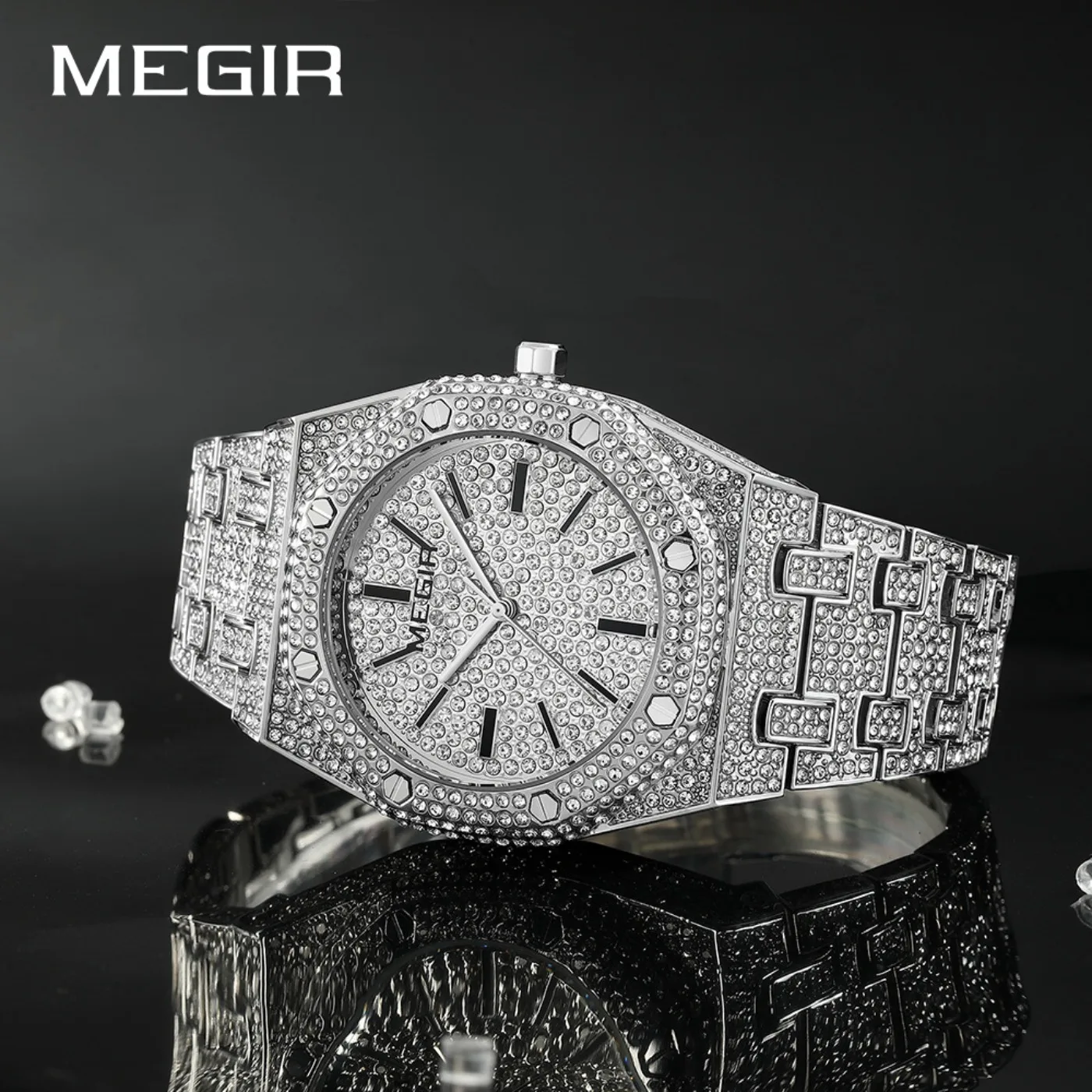 MEGIR Luxury Quartz Rhinestone Watch for Men Golden Clock Stainless Steel Waterproof Man Wristwatch Top Brand Business Watches view 4
