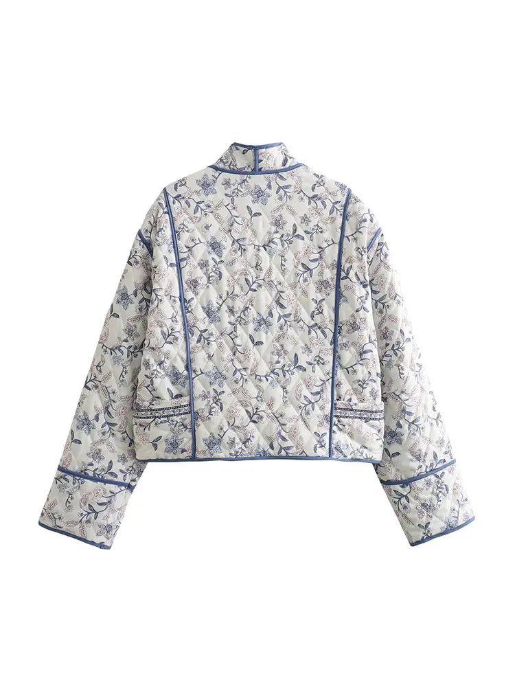 TRAF 2024 Autumn Women Elegant Flower Print Cropped Cotton Coat  Quilted Reversible Long Sleeve Jacket Cardigan Streetwear