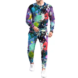 Fashion Color Graffiti 3D Print Men's Sportswear Set Long-Sleeved T Shirt Pants 2-Piece Set Oversized Pullover Men Clothing