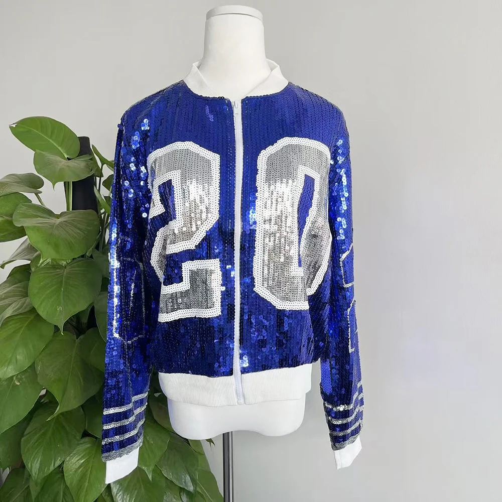 Blue and white 20 zippered zeta jacket sequin clothing