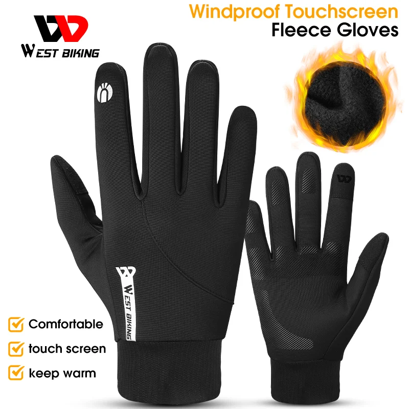 WEST BIKING Windproof Cycling Gloves Touch Screen Autumn&Winter Fleece Bike Gloves Anti-slip Full Finger Glove Cycling Equipment