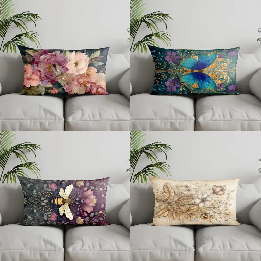 Home Decor Floral Dragonfly Throw Pillow Suitable For Sofa Bedroom Car Pillow Cover Cushion Rectangular Back Cushion