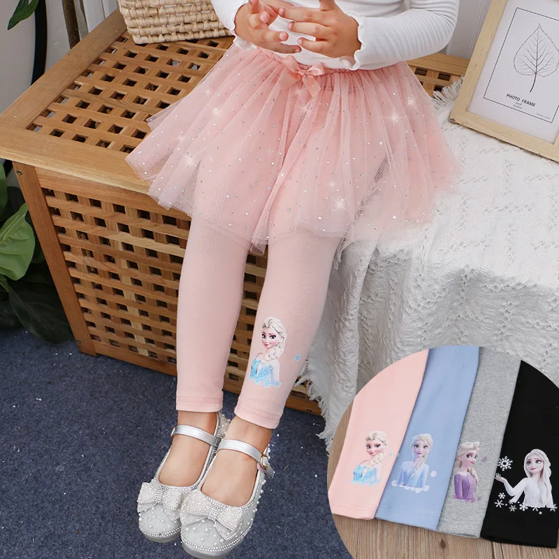 100%Cotton Girls Skirt Pants for Children Disney Frozen Elsa Princess Skirts Baby Girl Pink Blue Trouser Lace Kids Leggings 2024