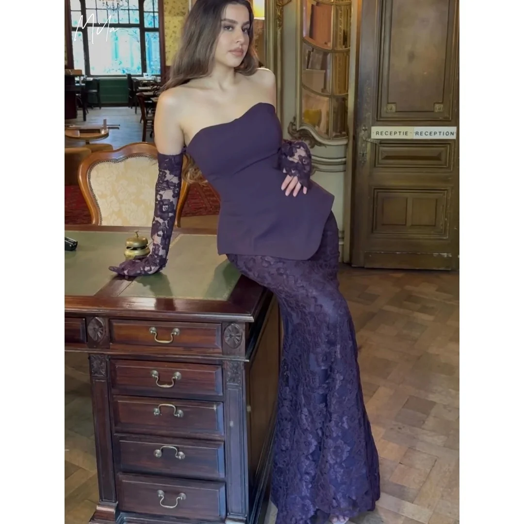 

Mila Deep Purple Strapless Lace Long Gloves Peplum Mermaid Customized Formal Evening Lace Gown vestidos de gala Elegant 2025