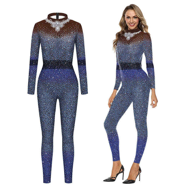 Fashion Sequin Pattern Women Jumpsuit Sexy Skinny Bodysuit 3D Print Fancy Blue Zentai Suit Female Festival Show Party Clothes