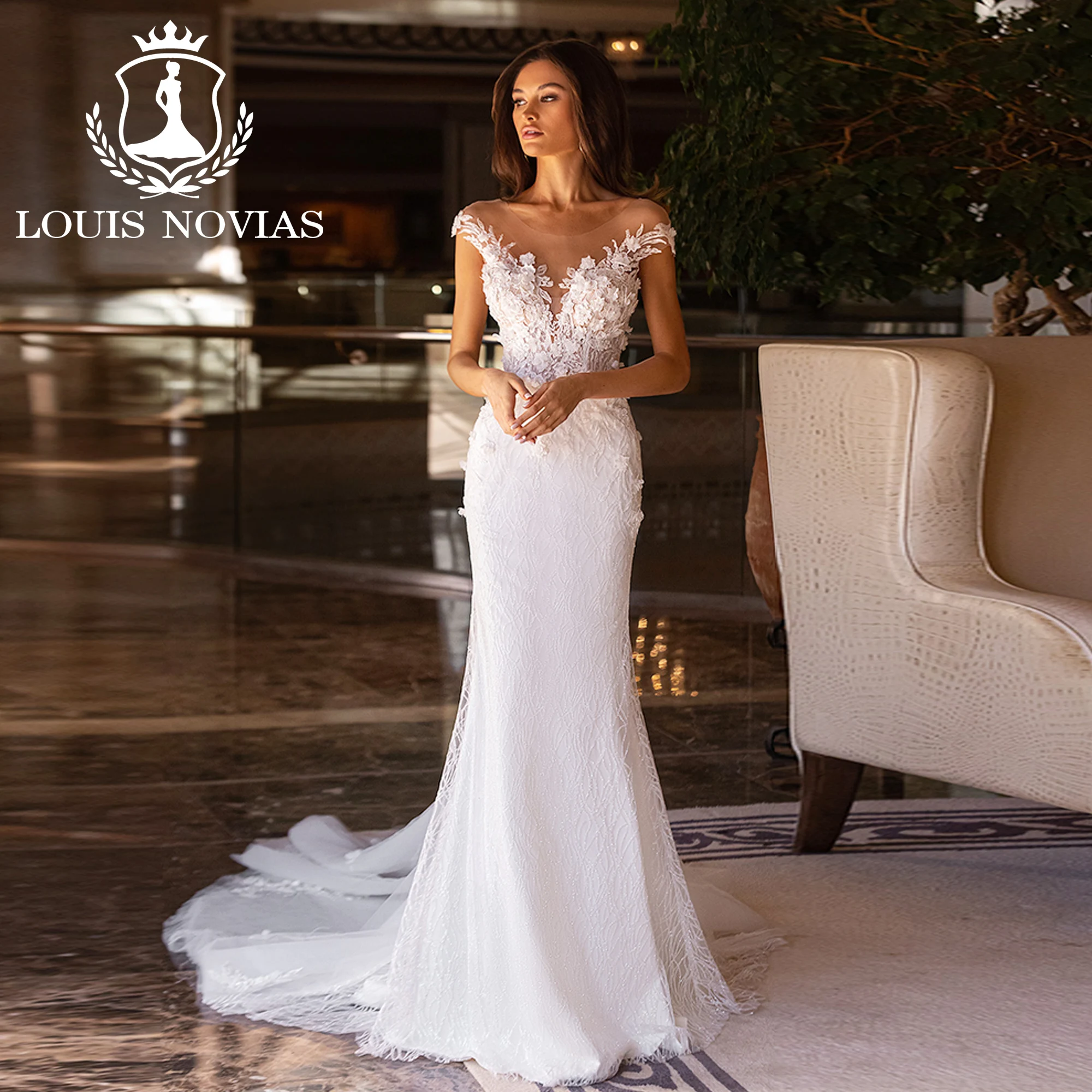 

LOUIS NOVIAS Mermaid Wedding Dress Sexy Classy Short Sleeve Sweetheart Illusion Appliques Wedding Gown Vestidos Novias De Saten