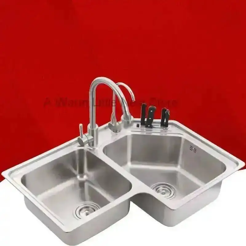 Stainless Steel Corner Kitchen Sinks Double Slot Wash Basin Modern Balcony Shaped Brushed Home Creative Kitchen Accessories Sink