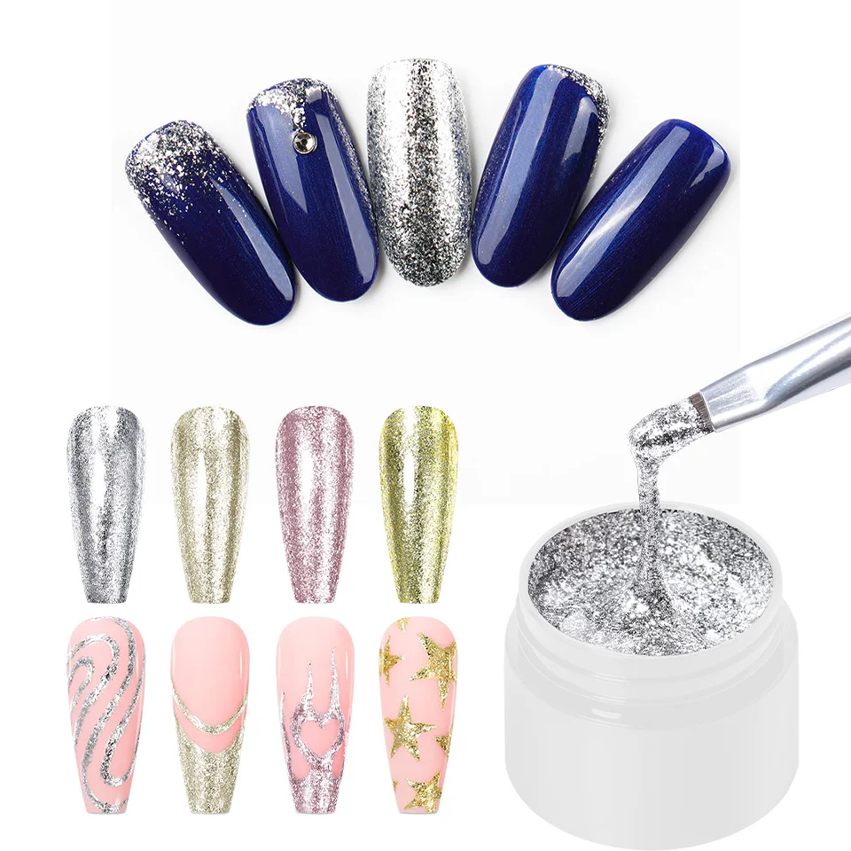 Vernis à ongles à colle métallique à paillettes, 4 couleurs, nail art professionnel, nail art à paillettes, finition platine or et argent