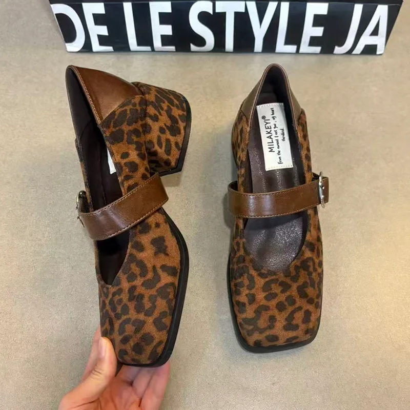 

Leopard High Heels Women's Mary Janes Shoes Elegant Heels Shoes 2025 Autumn Fad Square Toe Lolita Shoes New Pumps Mujer Zapatos