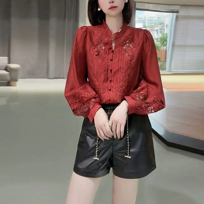 Red Business Casual Ladies Fashion Loose Spring Autumn Thin Blouses Office Lady 2023 New Solid Color Tops Buttons Women Clothing