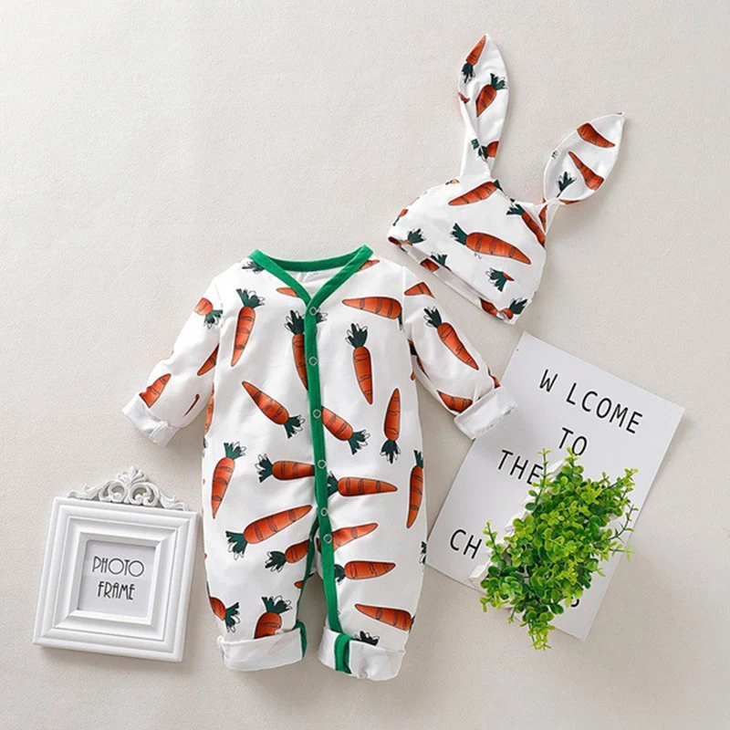 3-18M Baby Easter Rabbit Bunny Costume for Boys Girls Carrot Printed Romper Jumpsuit Hat 2pcs Set Long Ear Button Spring Autumn