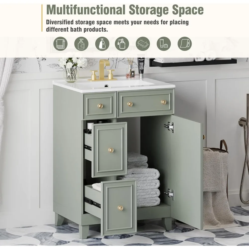 Mueble de baño independiente de 24" con lavabo individual, dos cajones y una puerta