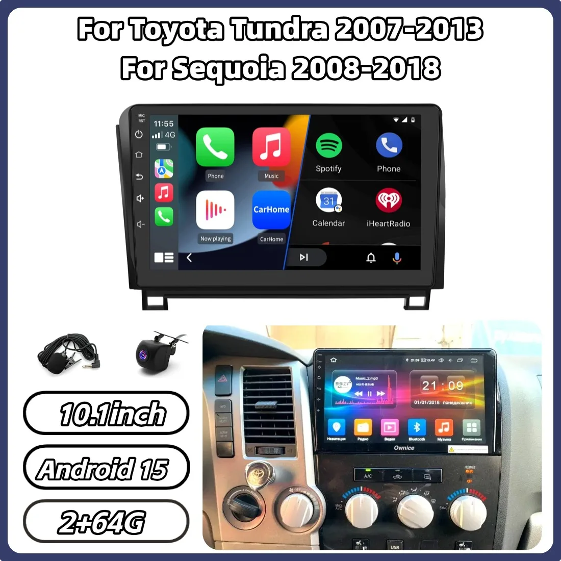 10.1in 2+64G Car Radio Stereo Android15 GPS Navi Head Unit For Carplay Android Auto For Toyota Tundra 2007-2013 Sequoia 2008-18