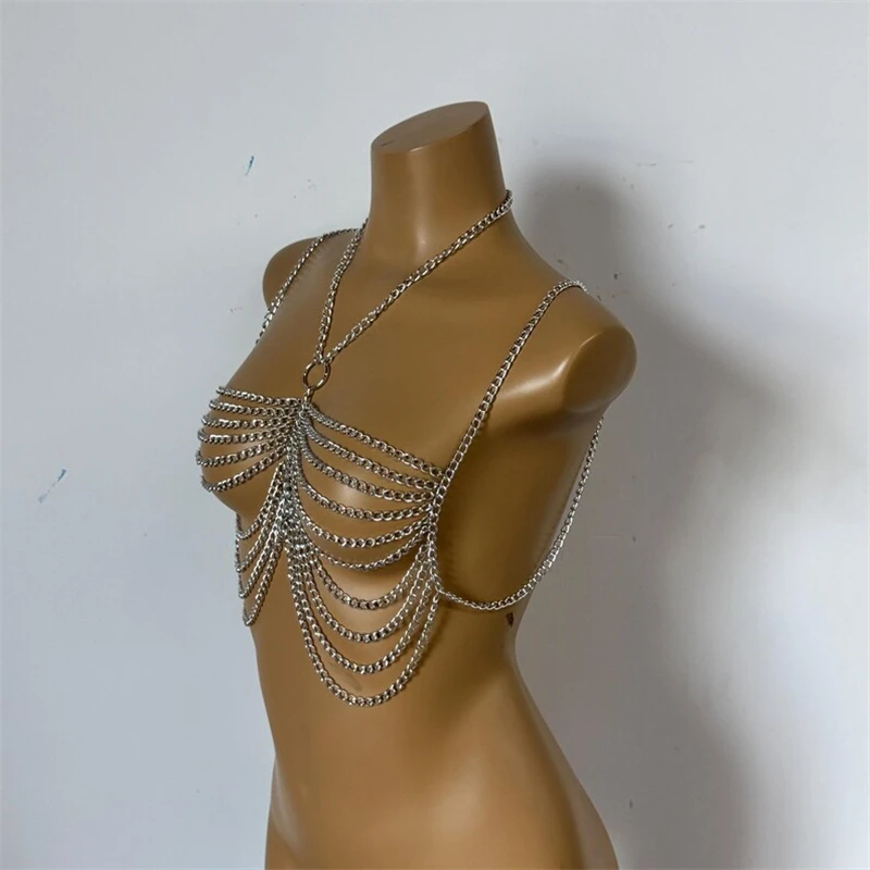 Metall-Körperketten-Crop-Tops Harness für Frauen, mehrschichtige Brust- und Taillenkette, Halskette für Nachtclub-Party, Bikini-Körperketten, verstellbare Überzüge. – Detail 4