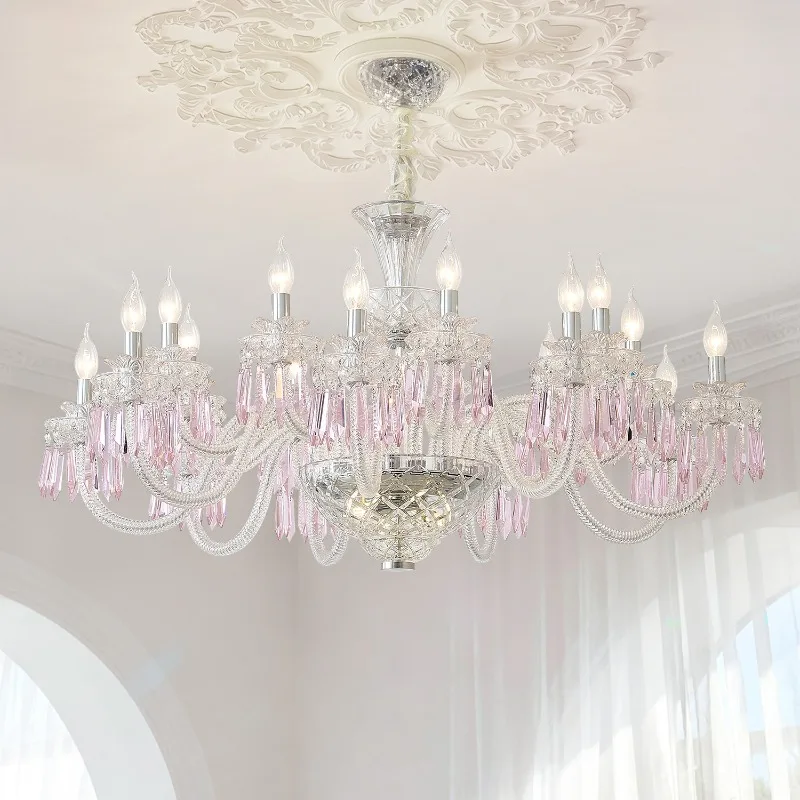 New hot-selling pink crystal chandelier European luxury living room light French simple dining room bedroom light engineering la