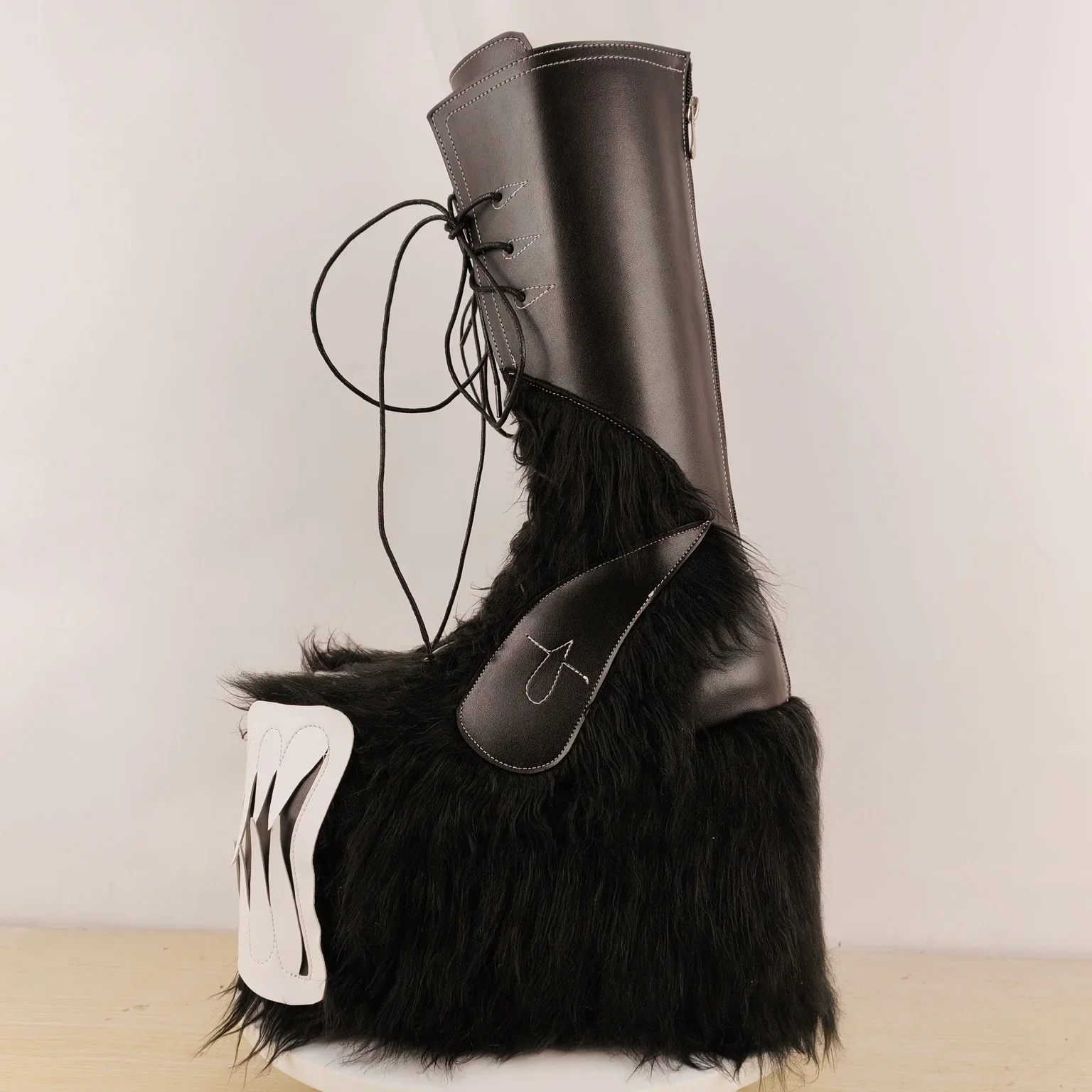 Monster themed High Knee high Platform Boots Front Lace up Fluffy Black Fur Striking White Jagged Fang Casual Women Shoes