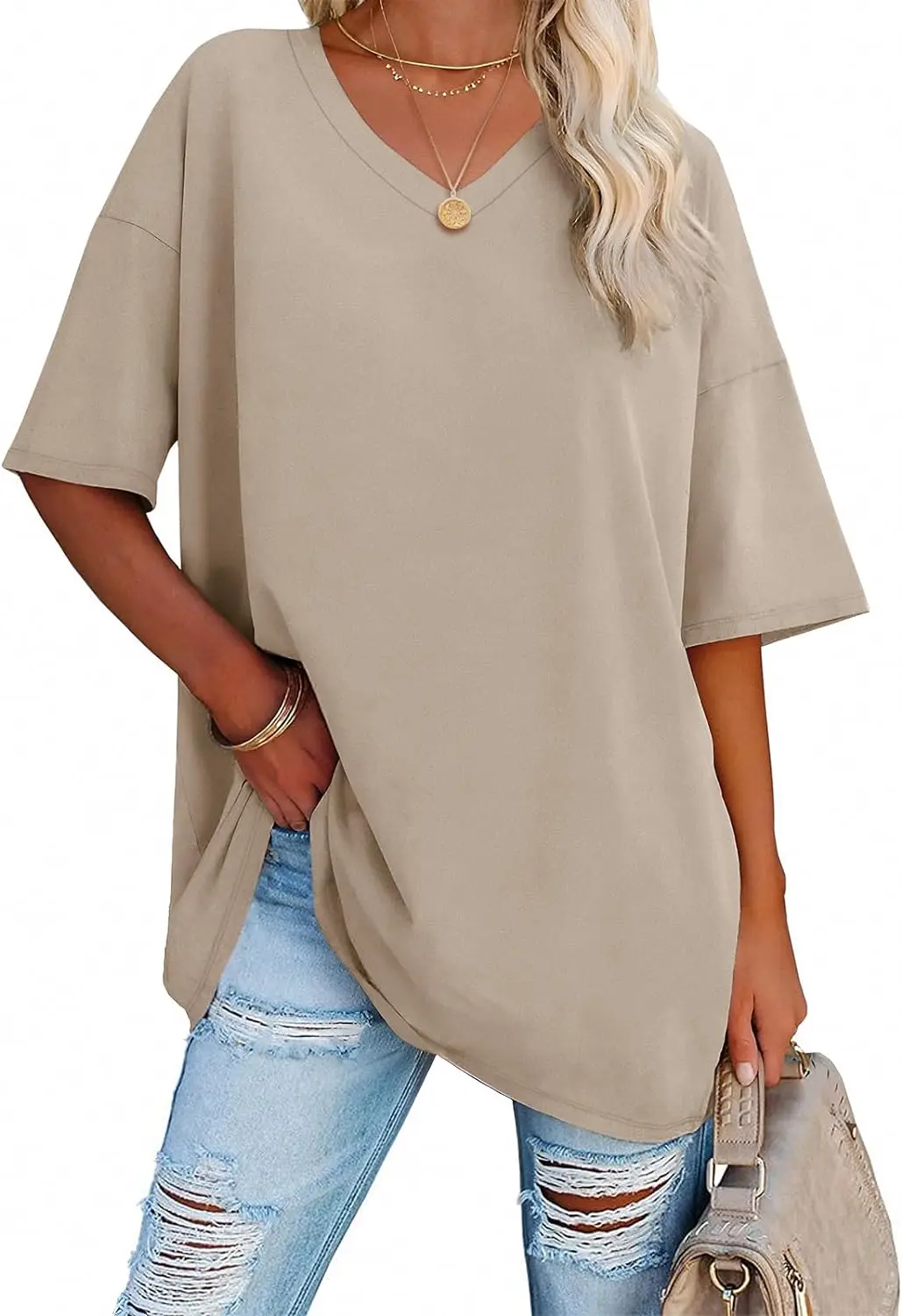 Womens Oversized T Shirts V Neck Tees Half Sleeve Cozy Comfy Tunic 2024 Y2K Tops Casual