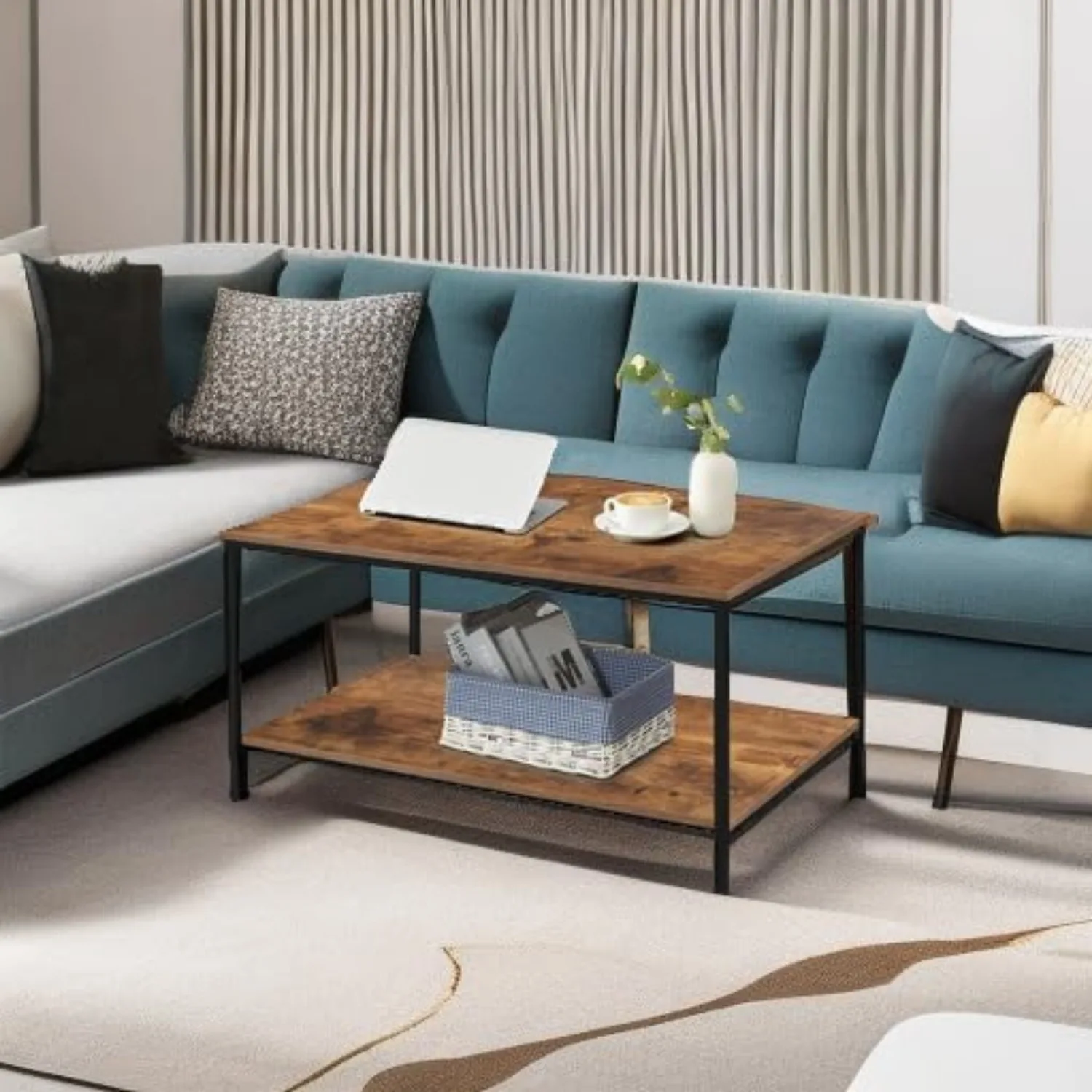 Small  Rectangle Wood and Metal Coffee Table with Storage Shelf for Small Living Rooms