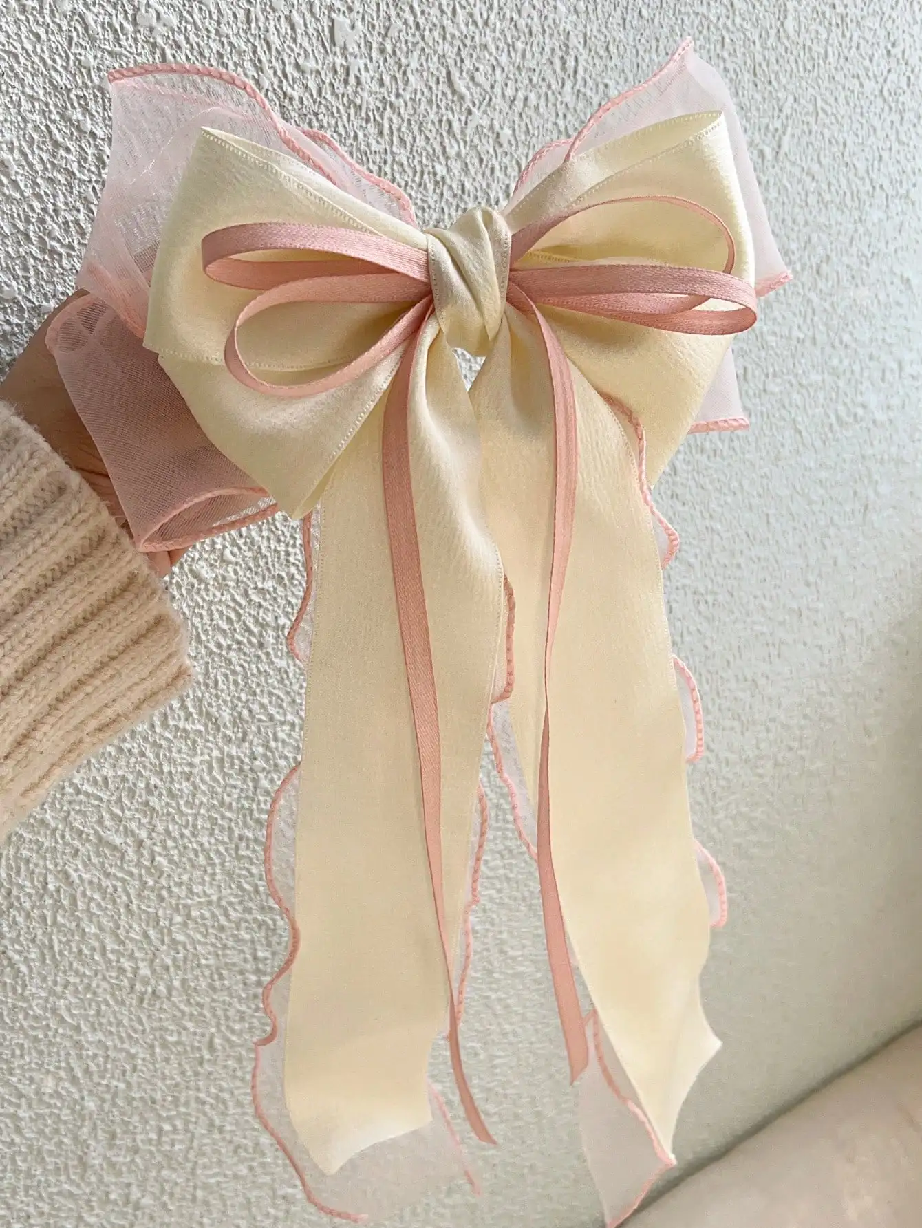 1Pcs Rosa Spitze Bogen Band Frühling Haar Clip Coquette Barrettes Lange Schwanz Band für Frauen Weihnachten Valentines Hochzeit Prom zubehör – Detail 5