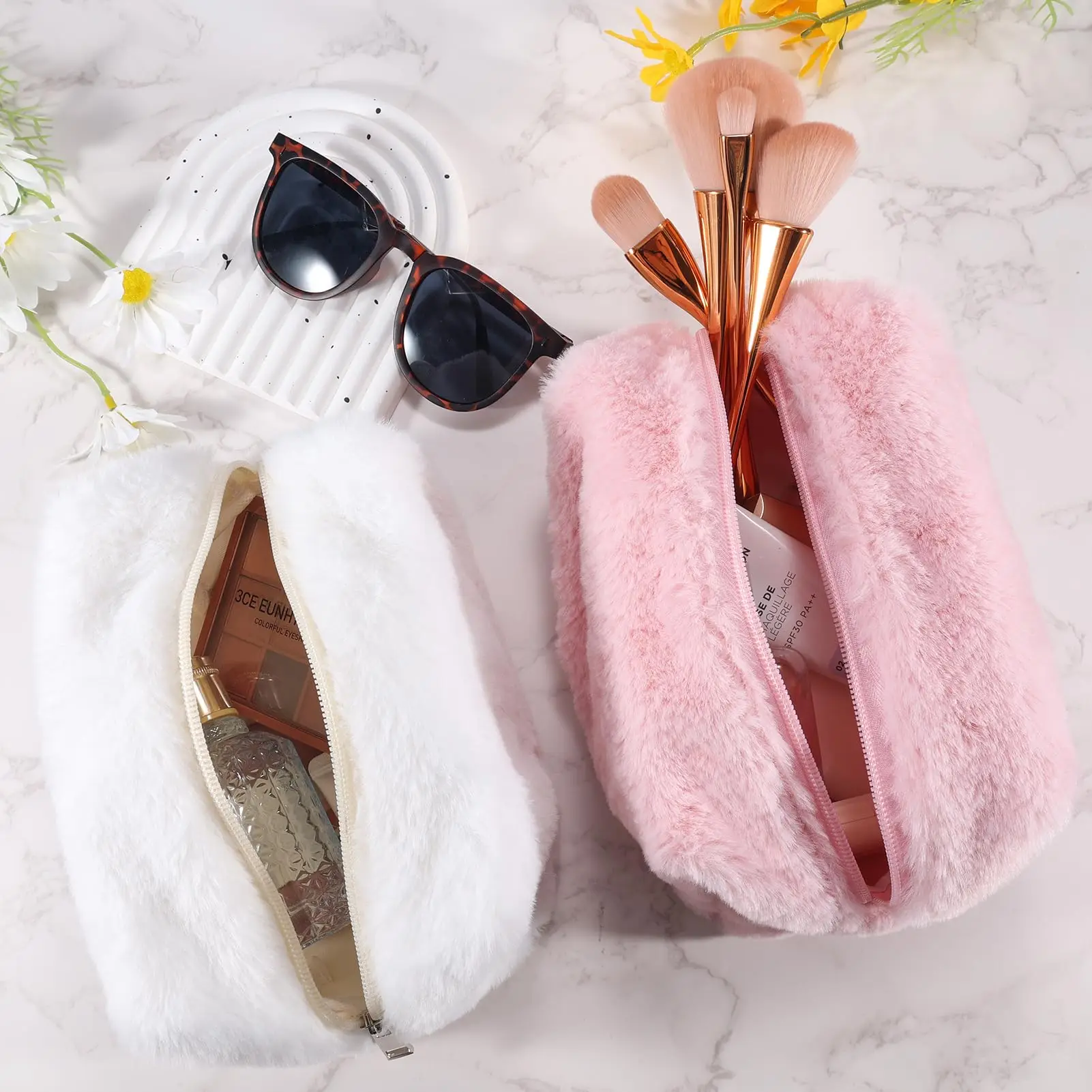 Makeup Bag Cute Cosmetic Bag Plush Pink White Makeup Pouch Travel Toiletry Bag Organizer Puffy Storage Bag for Women