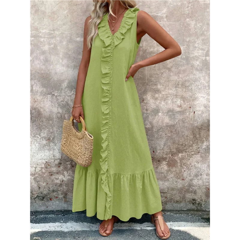 【】 Vestido feminino verão praia algodão regata linho boho sem mangas em camadas babado maxi vestido longo