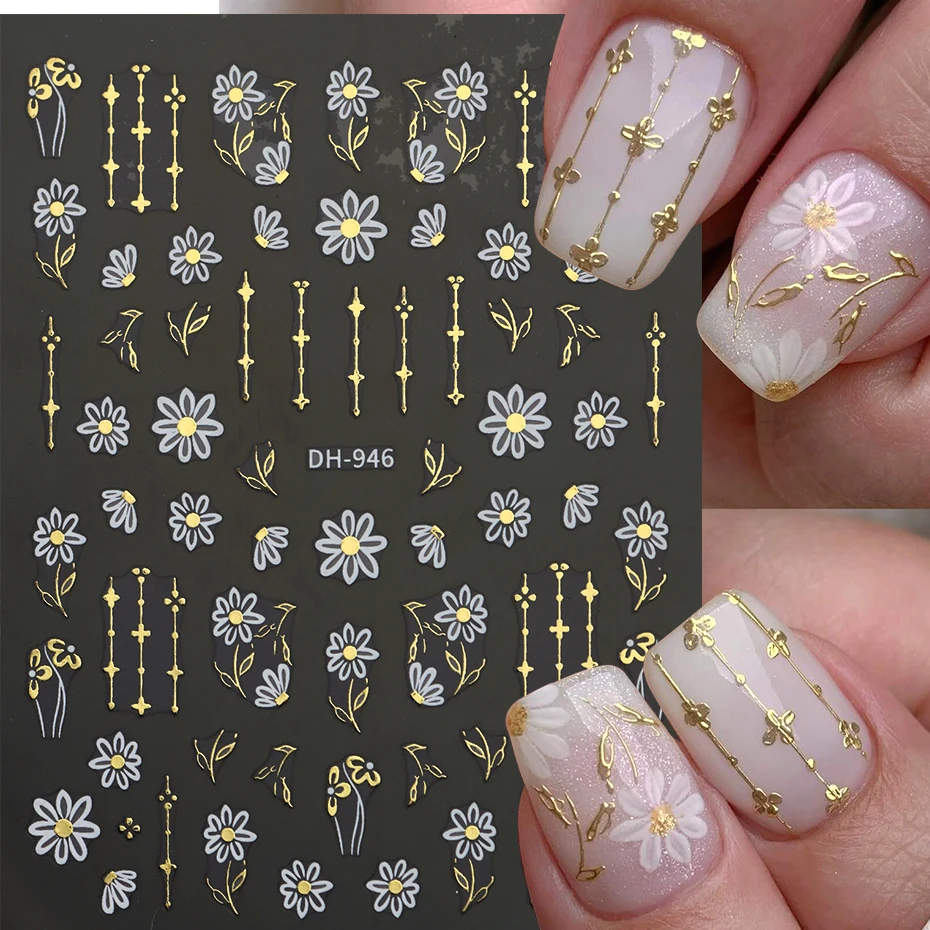2pcs Daisy Flowers Nail Art Stickers Gold Silver White Bloom Florals Designs Nail Decals Nail Art Stickers Decorations Manicure