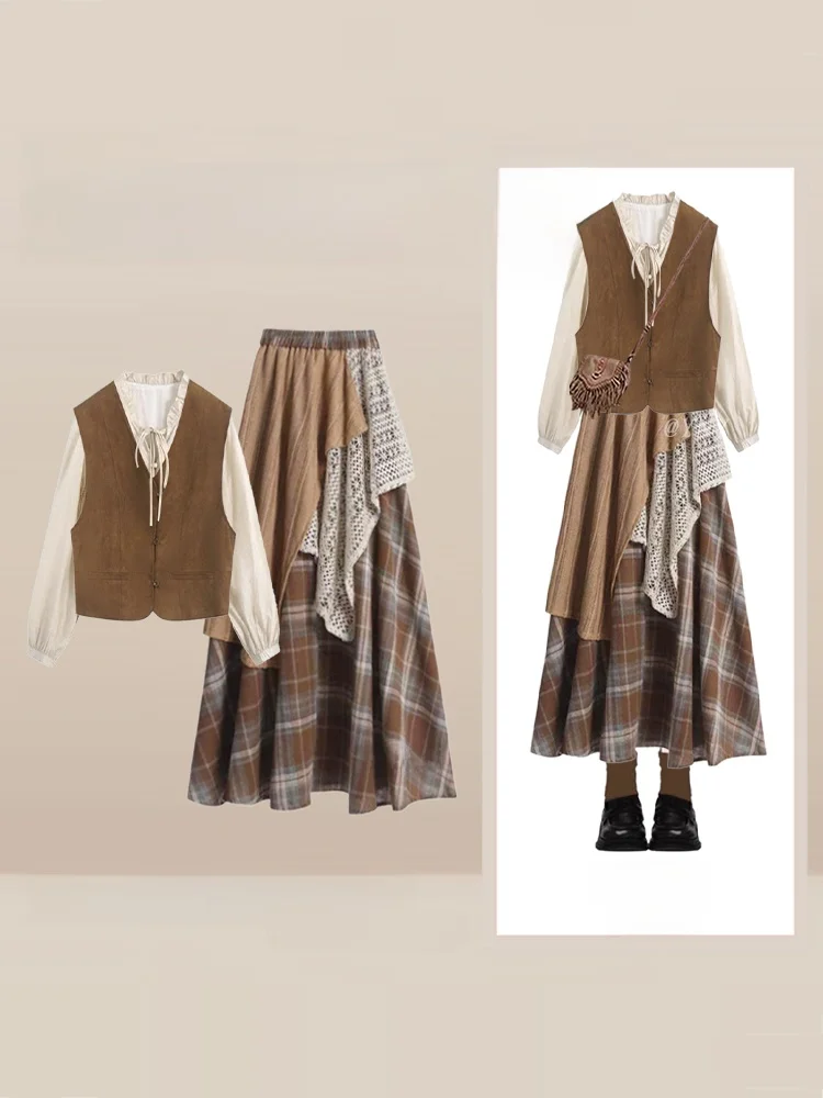 

Fall Faion Set Women's Vintage Age-Defng irts Vest Plaid Skirt Splicing id Pattern f-length Skirts Casual Sle