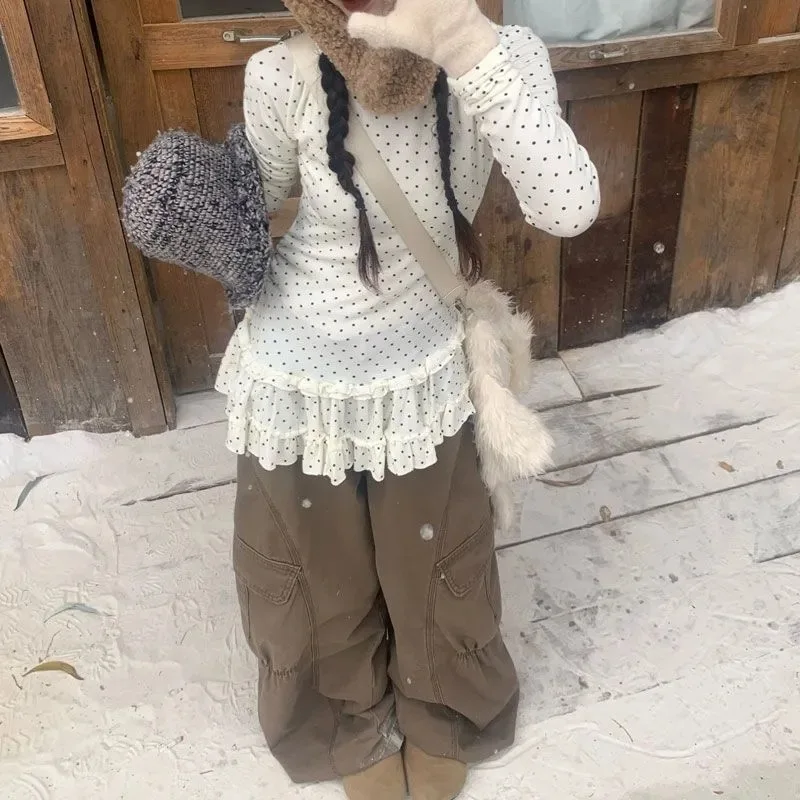 Camiseta con volantes y lunares para mujer, camisa básica de manga larga, corte ajustado, estilo coreano, informal y cómoda