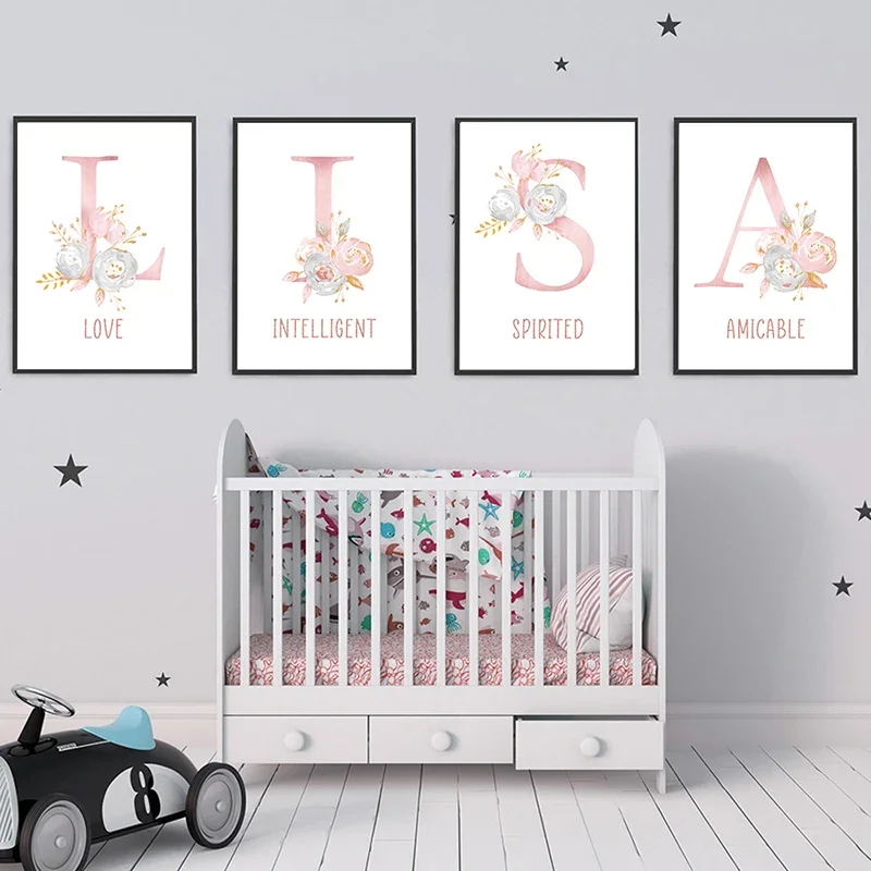 Nome personalizzato Poster Lettere floreali rosa Poster e stampe Ragazza Coniglio Tela Pittura Immagine della scuola materna Kid Baby Room Decor