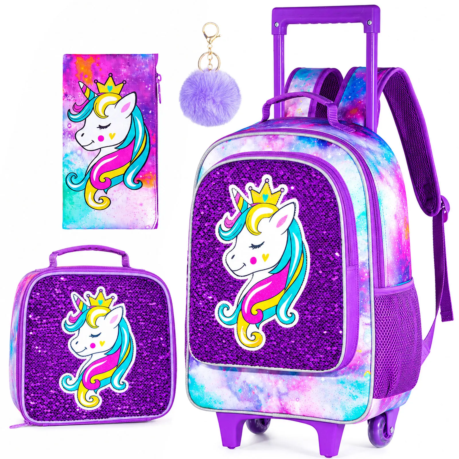 3pcs-rolling-backpack-for-girls-kids-roller-wheels-bookbag-with-lunch-bag-sleeping-unicorn-pattern-design-glow-in-the-dark-function-en-ingles
