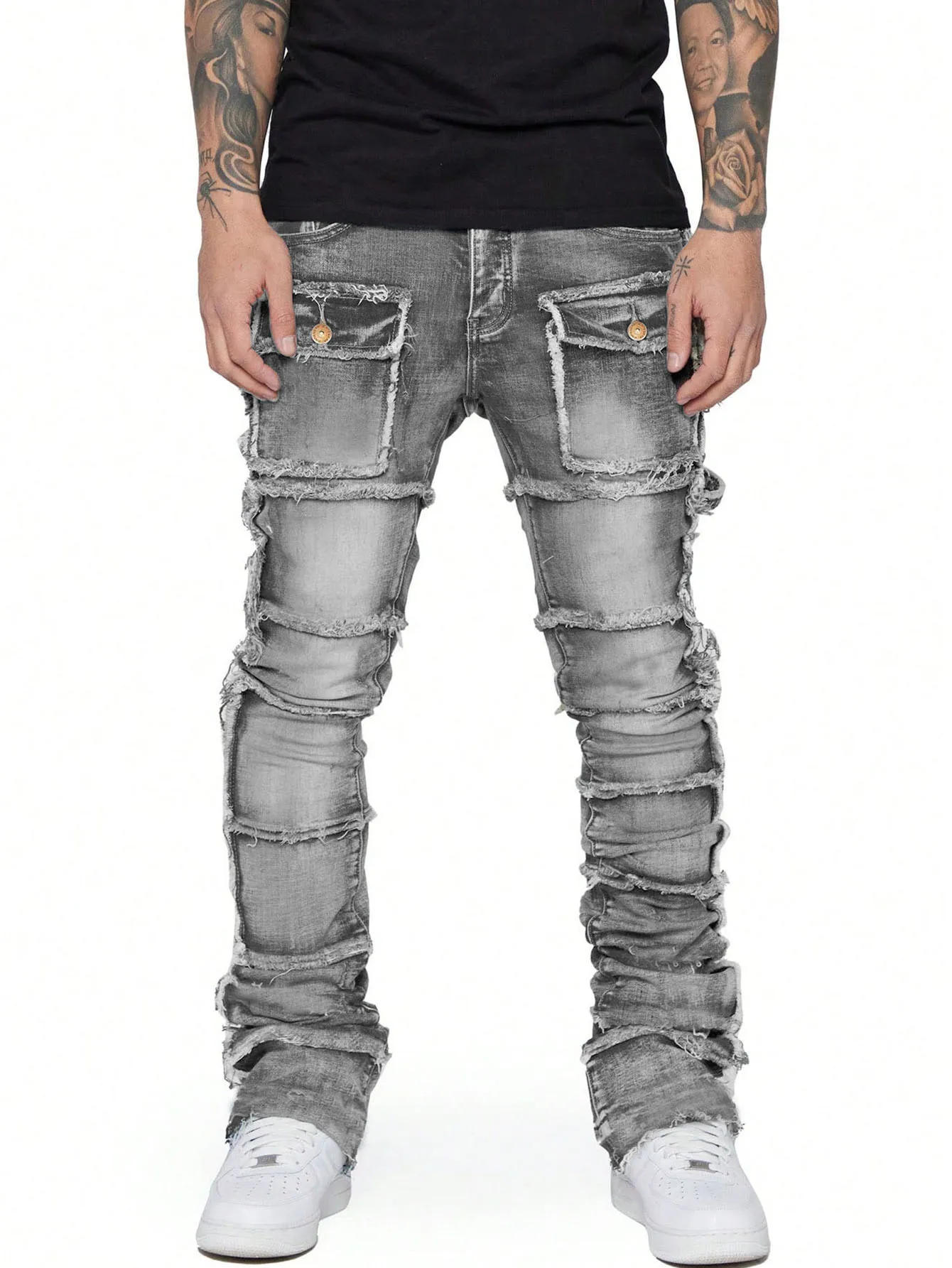 Grey Retro Stretchy Cargo Jeans Men Ripped Washed Pants Straight Leg Male's Patched Denim Trousers Y2k 2024 New