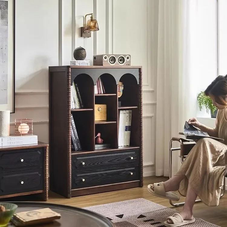 HYS living room floor-to-ceiling storage rack retro module free combination solid wood bookcase