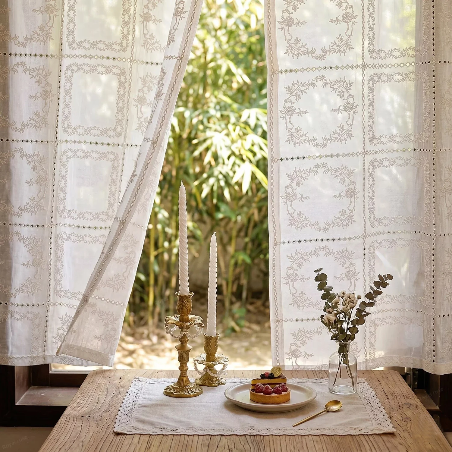 1PC French Retro Lace Floral Embroidery Tulle Curtains for Living Room, Kitchen, Balcony Semi-Transparent Window Drape