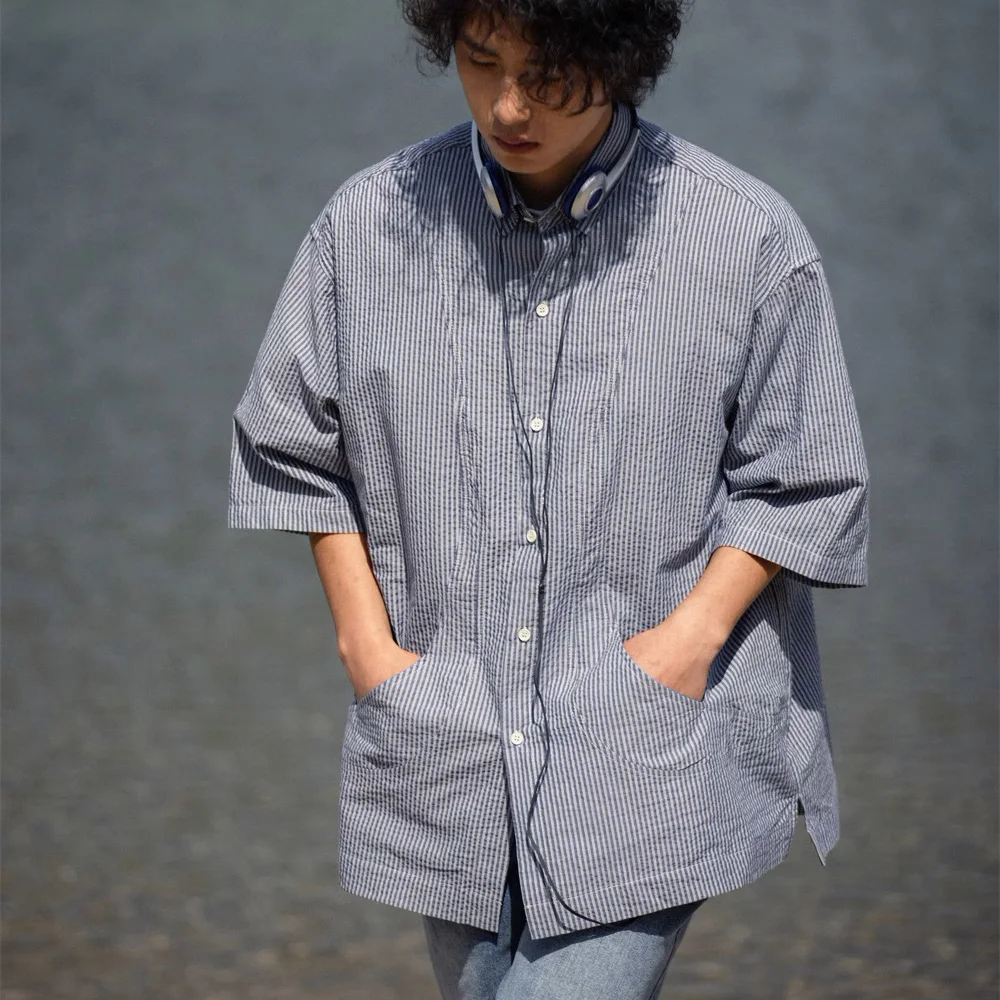 Men Cityboy Seersucker Cotton Loose Casual Oversize Short Sleeve Cargo Shirts Japanese Korean Streetwear Vintage Shirt Blouses