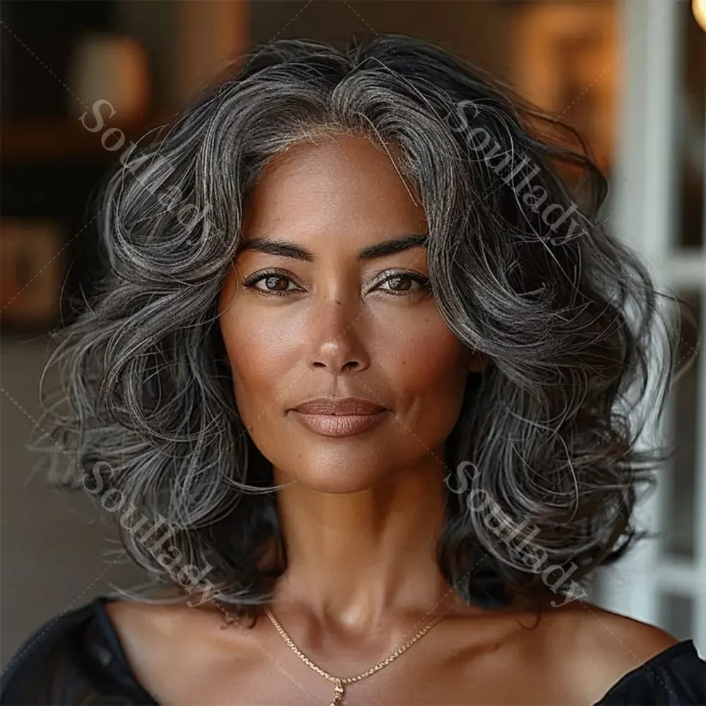 

Wig Secret US DOMESTIC SHIPPING | Dark Salt And Pepper Body Wave Wig Real Human Hair HD Lace Lob Wigs For Mature Women