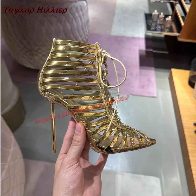 

Золотые зеркальные римские сандалии с острым носком на шпильке со шнуровкой на высоком каблуке, модная дышащая универсальная женская обувь с полыми отверстиями 43