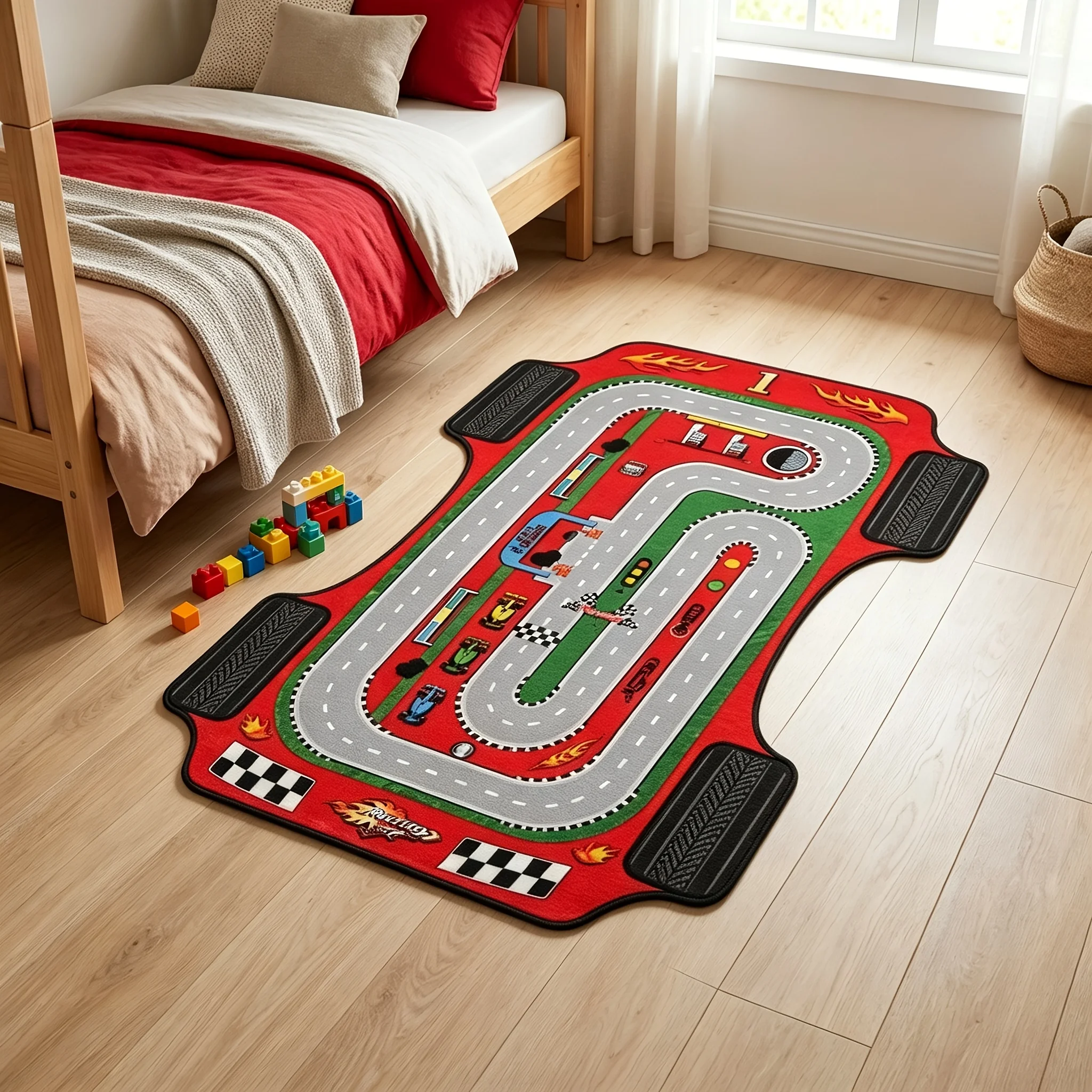 Race Track Tire Contour Playmat Low Pile Noise Reducing Kids Activity Rug For Toddler Playroom Race Car Enthusiast Birthday Gift