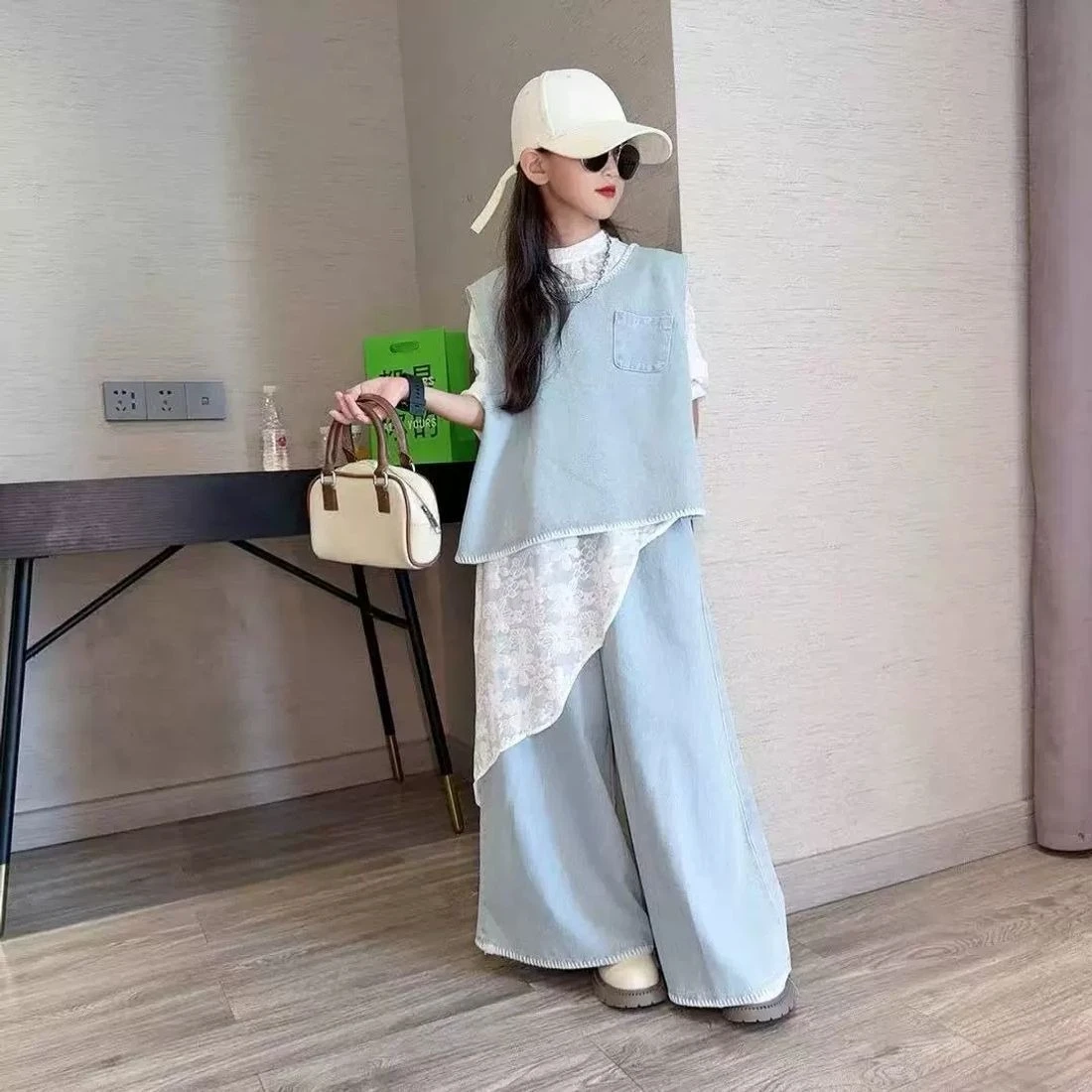 Girl Korean Denim Vest Wide Leg Pants Irregular Lace Skirt Spring Autumn 2026 New Children Clothing Sets